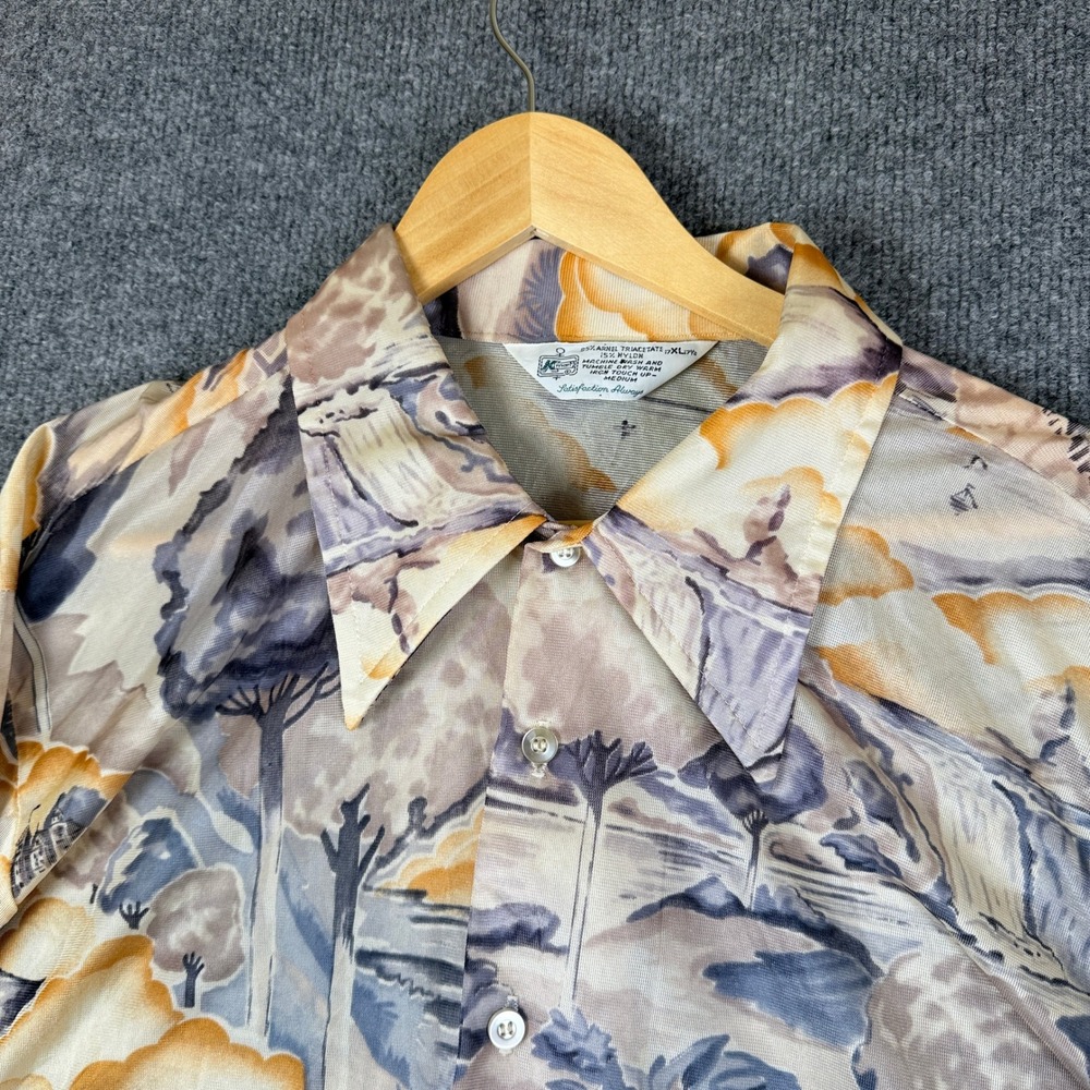 Vintage 70s K-Mart Shirt Mens XL Disco Dagger Collar Landscape Art Silky - Picture 4 of 11